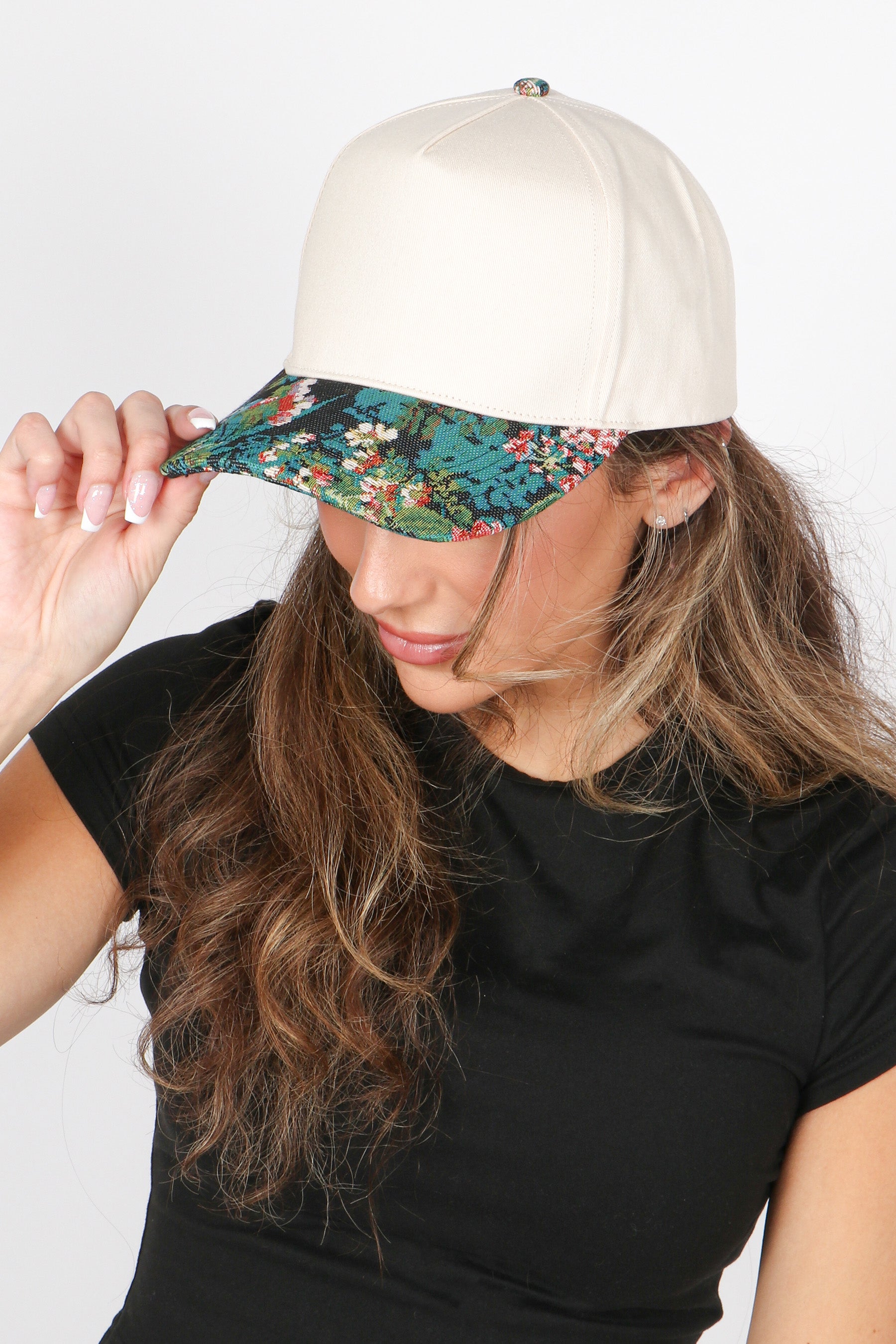 Floral Print Brim in Brocade 5 Panel Two-Tone Baseball Cap – David