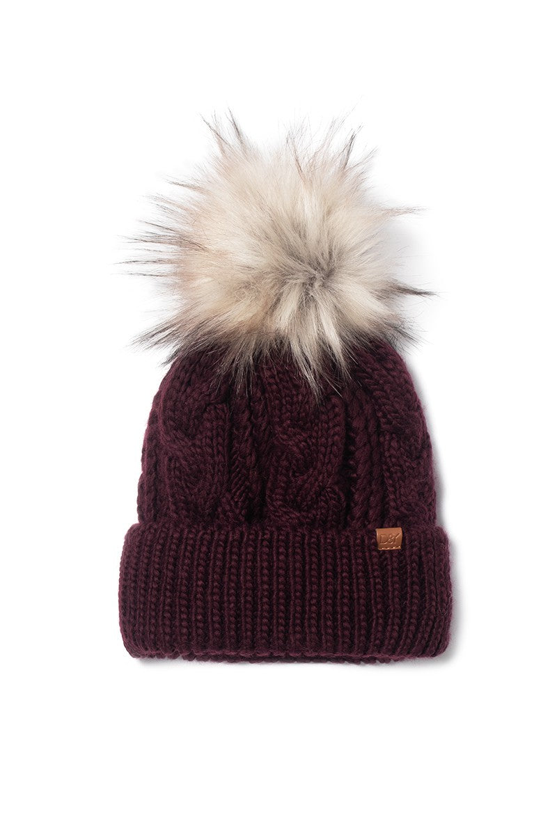 FSBB09061 - CABLE KNIT BEANIE WITH FAUX FUR POM AND SHERPA LINING