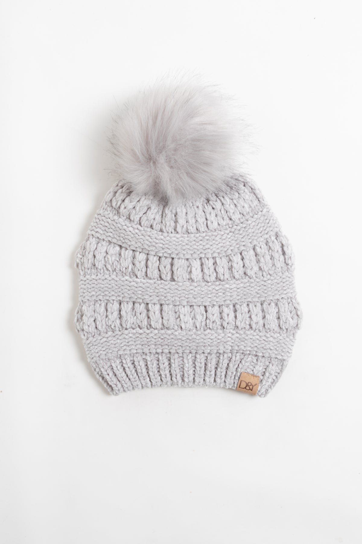 solid chenille knit beanie with faux fur pom.