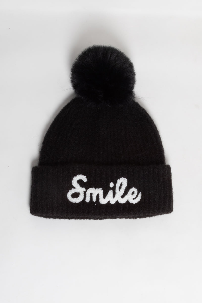 ABB5105 - SMILE Emb On Cuff Knit Beanie with Faux Fur Pom
