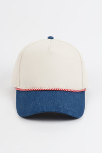 Two-Tone Denim 5 Panel Cap with Red & White Cord Detail