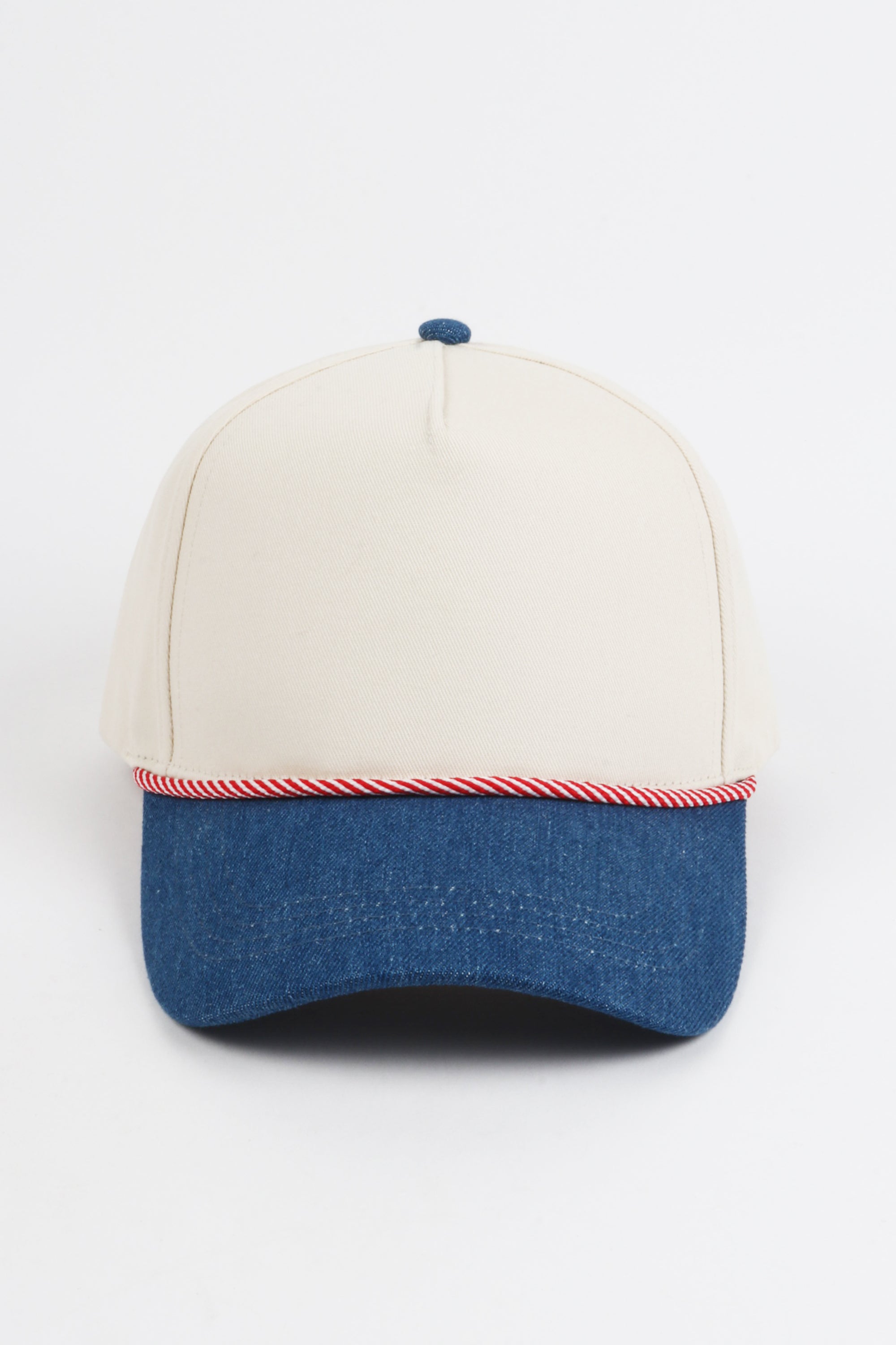 Two-Tone Denim 5 Panel Cap with Red & White Cord Detail