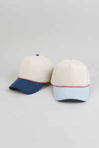 Two-Tone Denim 5 Panel Cap with Red & White Cord Detail