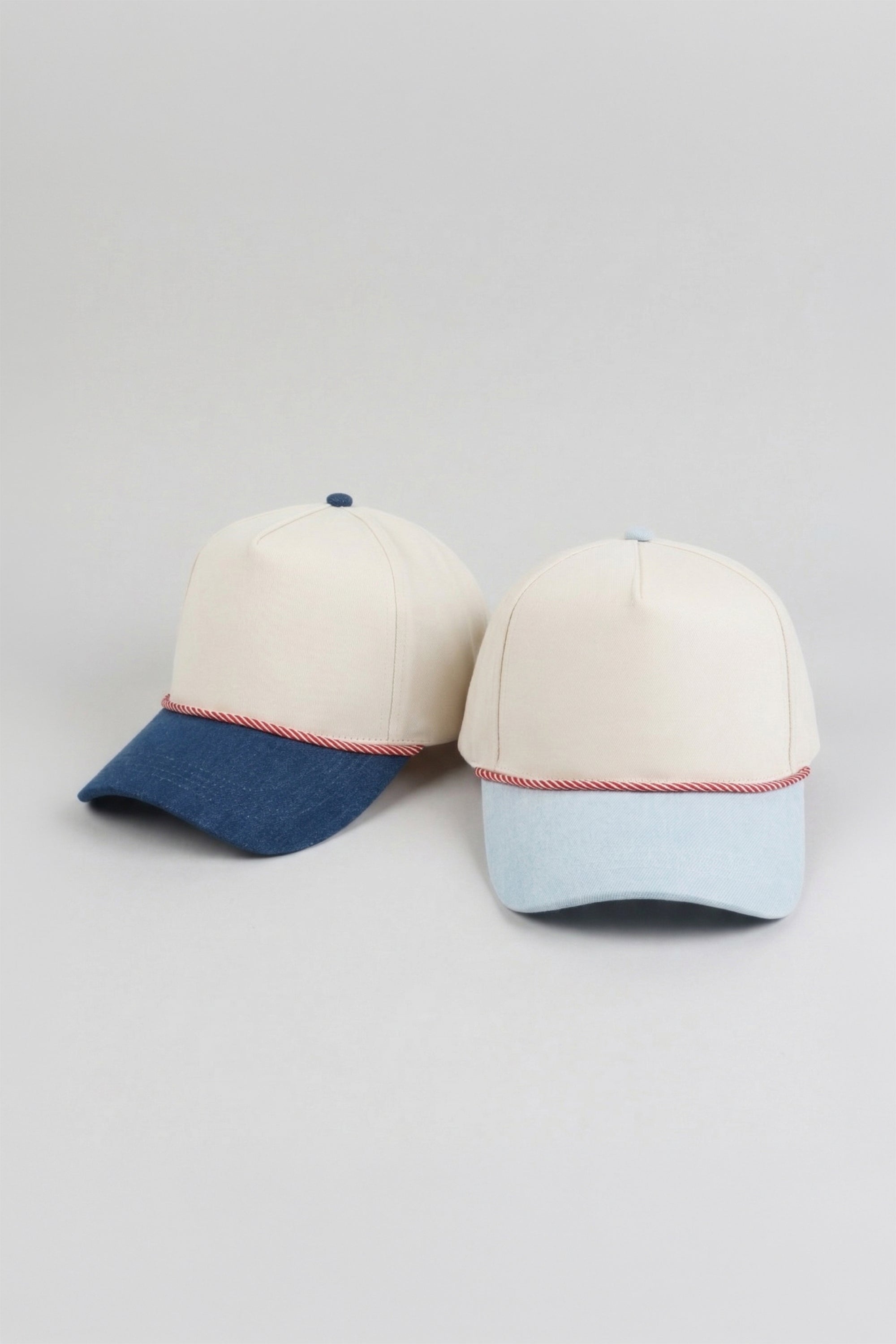 Two-Tone Denim 5 Panel Cap with Red & White Cord Detail