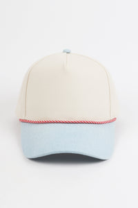 Two-Tone Denim 5 Panel Cap with Red & White Cord Detail