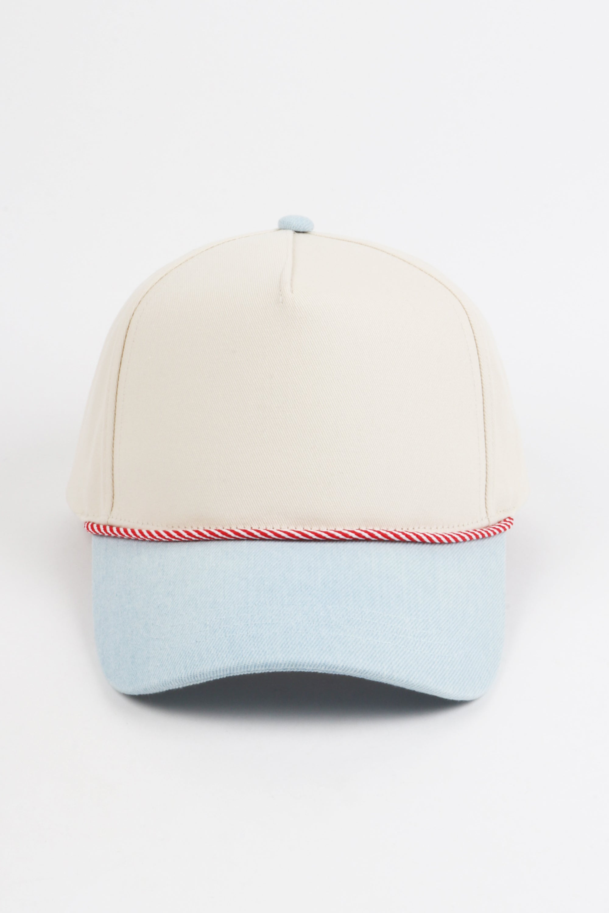 Two-Tone Denim 5 Panel Cap with Red & White Cord Detail