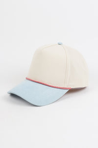 Two-Tone Denim 5 Panel Cap with Red & White Cord Detail