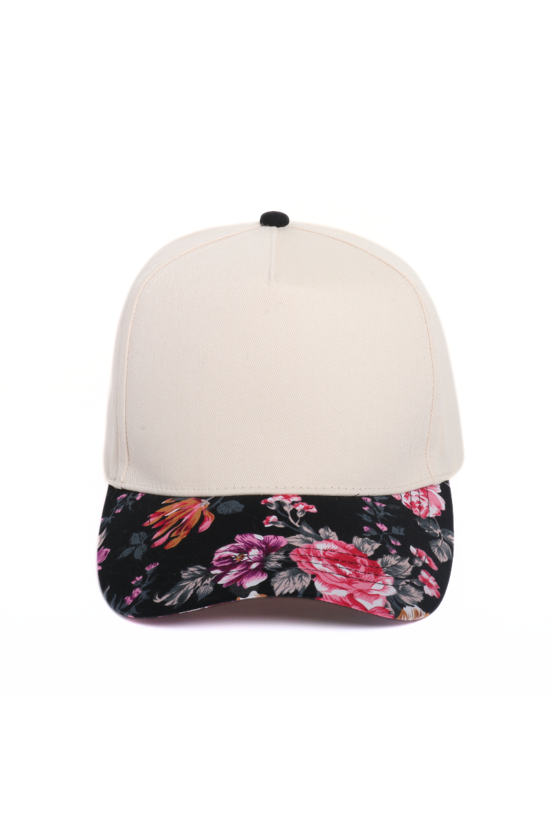 Floral Print Brim 5 Panel Two-Tone Baseball Cap