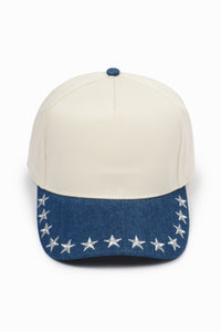 Stars Embroidered Brim Denim Two Tone 5 Panel Baseball Cap