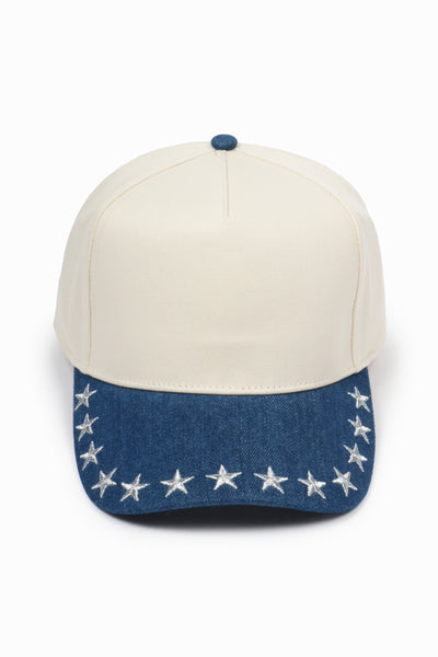 Stars Embroidered Brim Denim Two Tone 5 Panel Baseball Cap