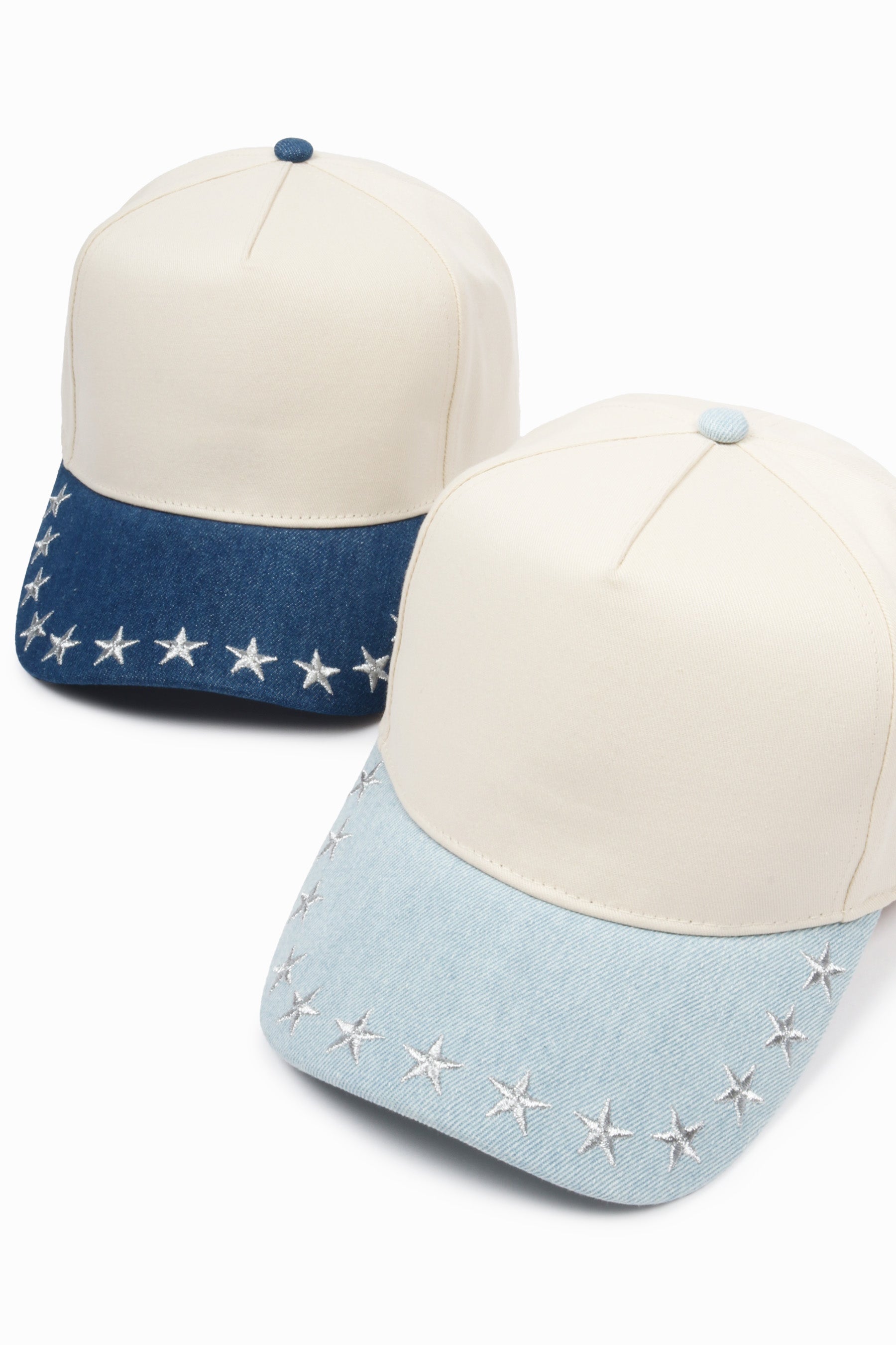 Stars Embroidered Brim Denim Two Tone 5 Panel Baseball Cap