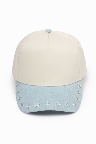 Stars Embroidered Brim Denim Two Tone 5 Panel Baseball Cap