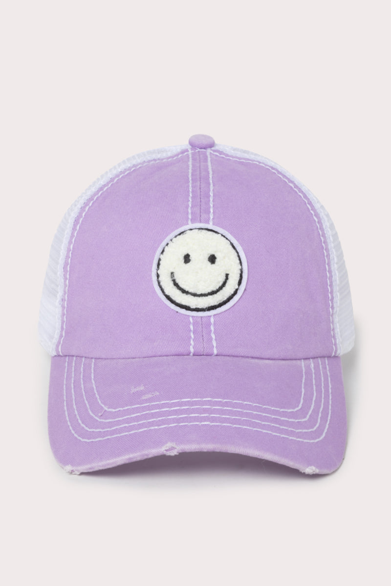 FWCAPM7222 - Chenille Smiley Patch Mesh Back Baseball