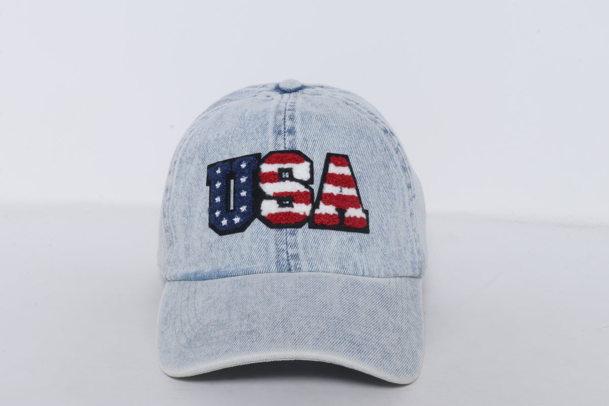 LCAP3445 - USA STAR AND RED STRIPE CHENILLE PATCH DENIM CAP