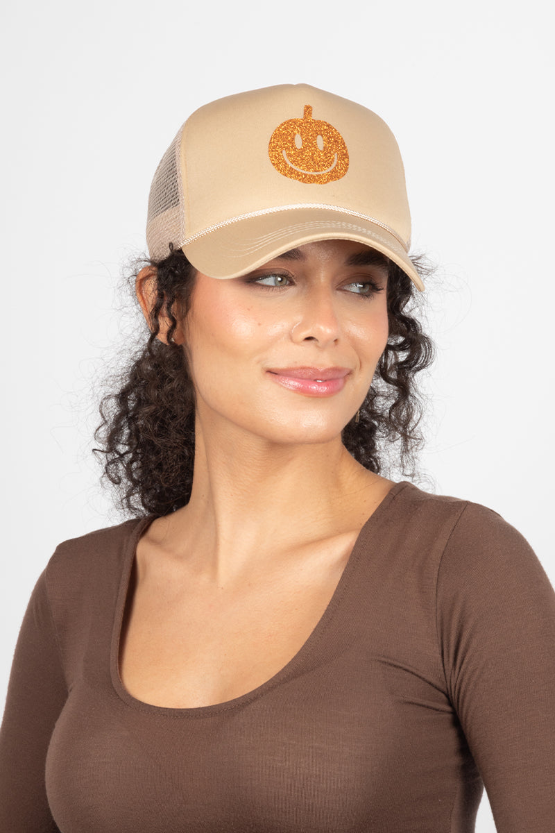 LCAPM2354 - Pumpkin Glitter Mesh Back Trucker Hat