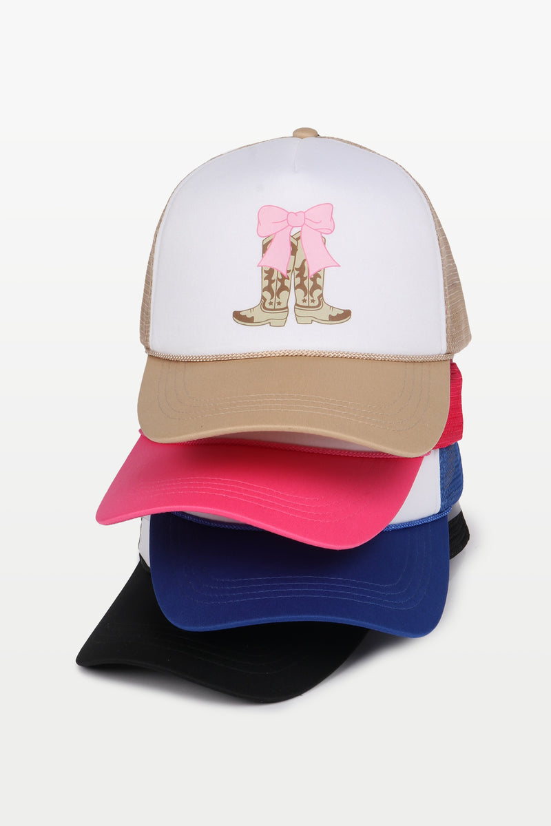 LCAPM3627 - COWBOY BOOTS WITH PINK BOW TRUCKER HAT