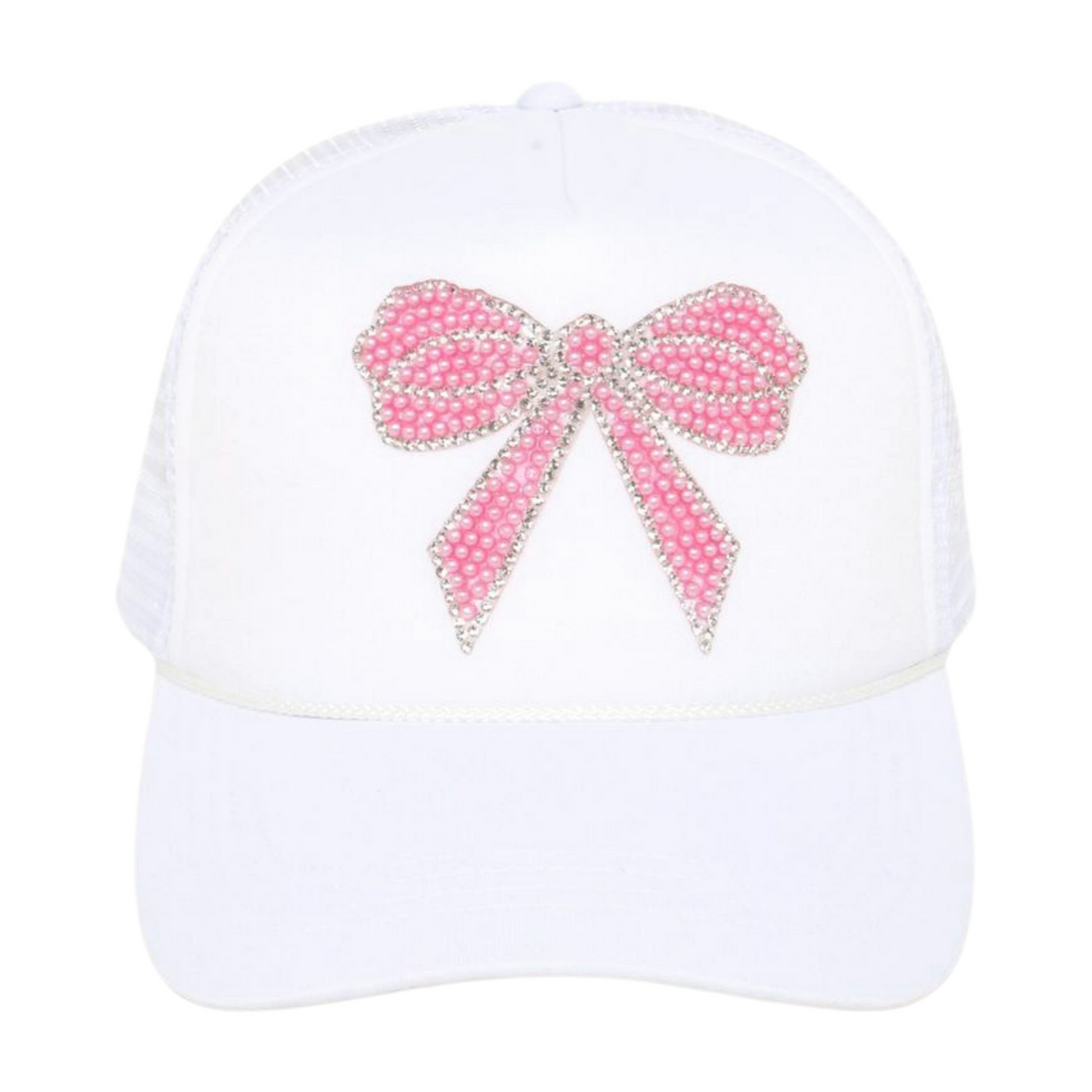 LCAPM3929 - PEARL DESIGNED PINK BOW ON SOLID TRUCKER HAT