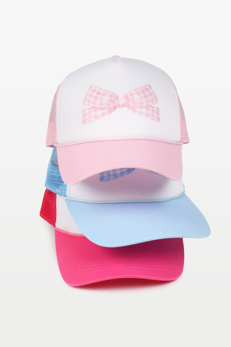 LCAPM3934 - GINGHAM PINK BOW  ON TWO TONED TRUCKER HAT