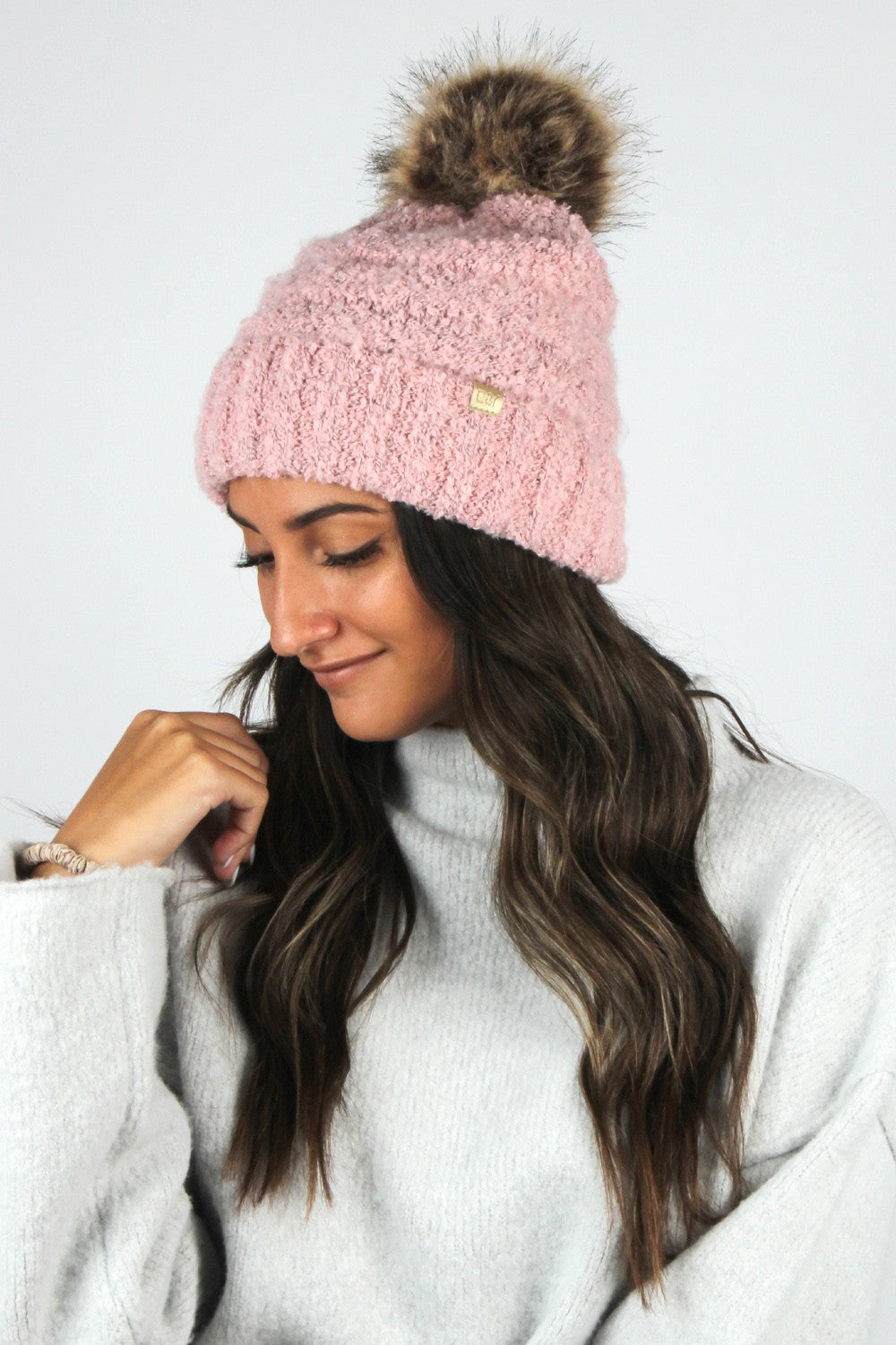 ABB1579 - Brushed boucle beanie Wholesale with David Young faux fur and pom –