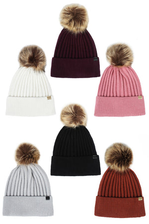Knit Beanie with Faux Fur Pom-ABB37