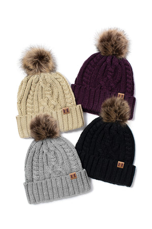 ABB20V - Manhattan hat co. Multi cable knit beanie with faux fur pom
