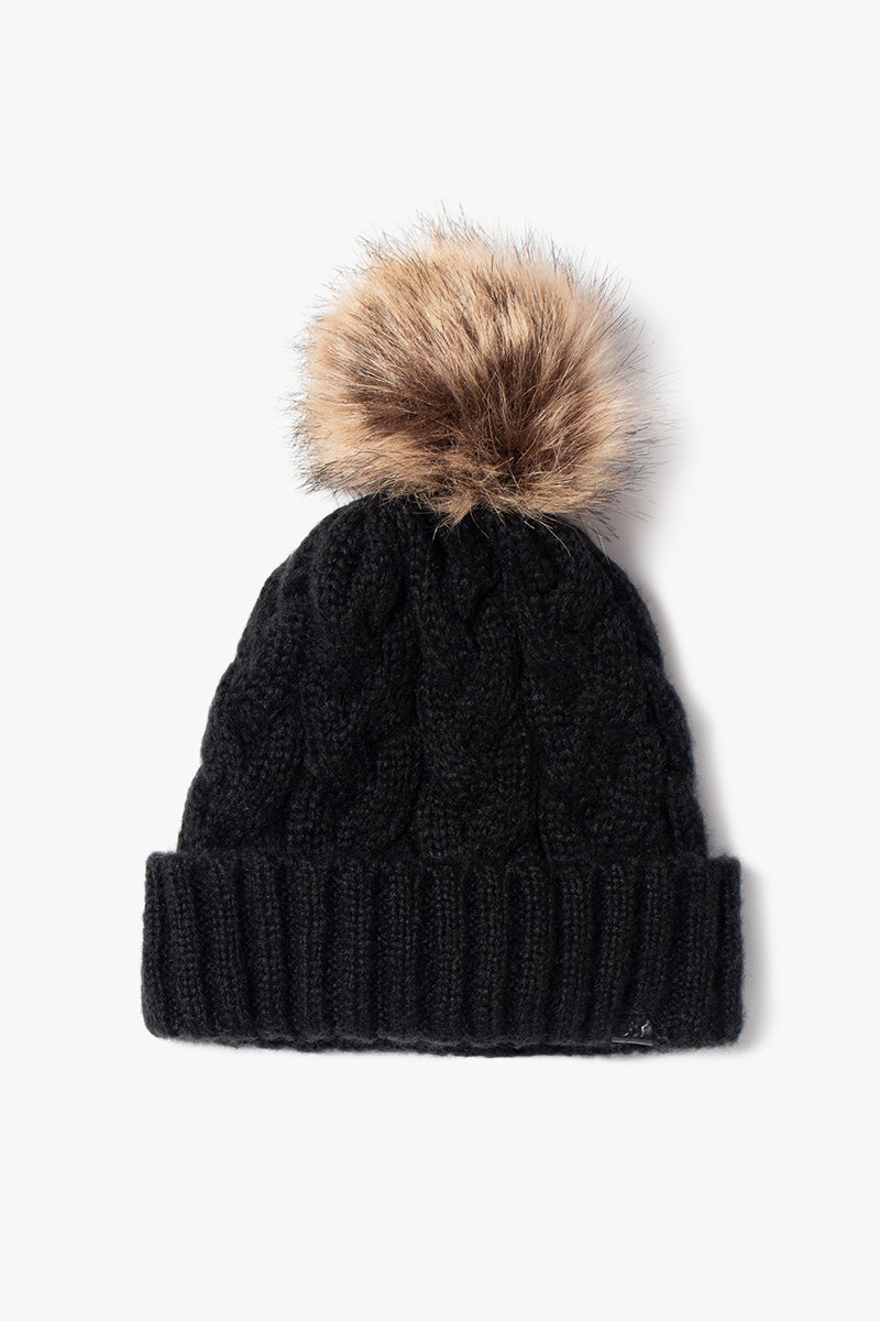 ABB25 - Braided Knit Beanie with Faux Fur Pom