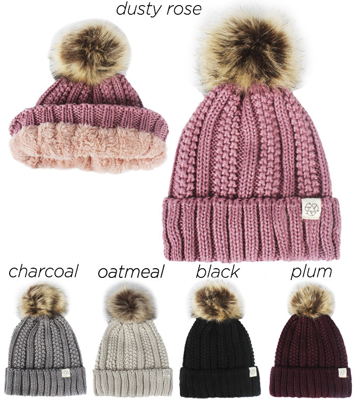 ABB35R - Recycled Polyester Beanie with Faux Fur Pom
