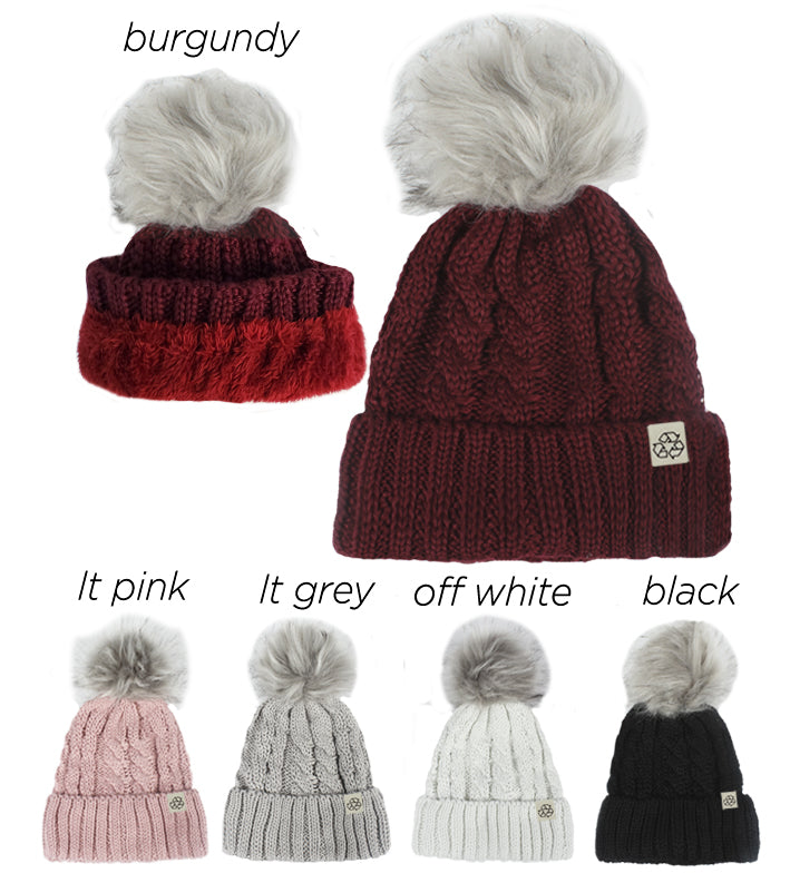 ABB411R - Recycled Polyester Beanie with Lining & Faux Fur Pom