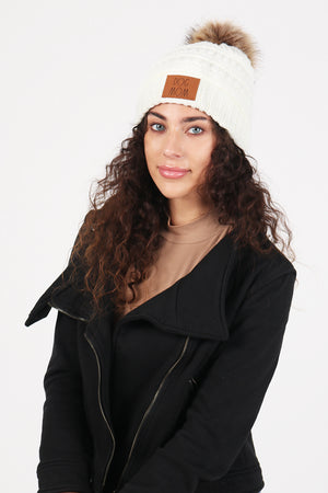ABB704RD - RAE DUNN Halo Rib Beanie with DOG MOM Patch and Faux Fur Pom