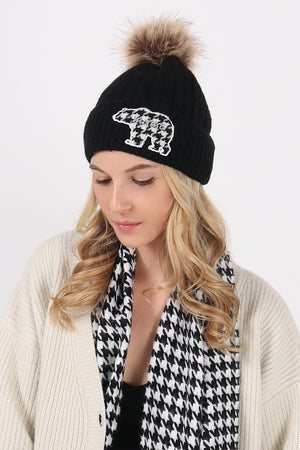 ABB850 - Ribbed knit beanie with Hounds tooth mama bear patch and faux fur pom