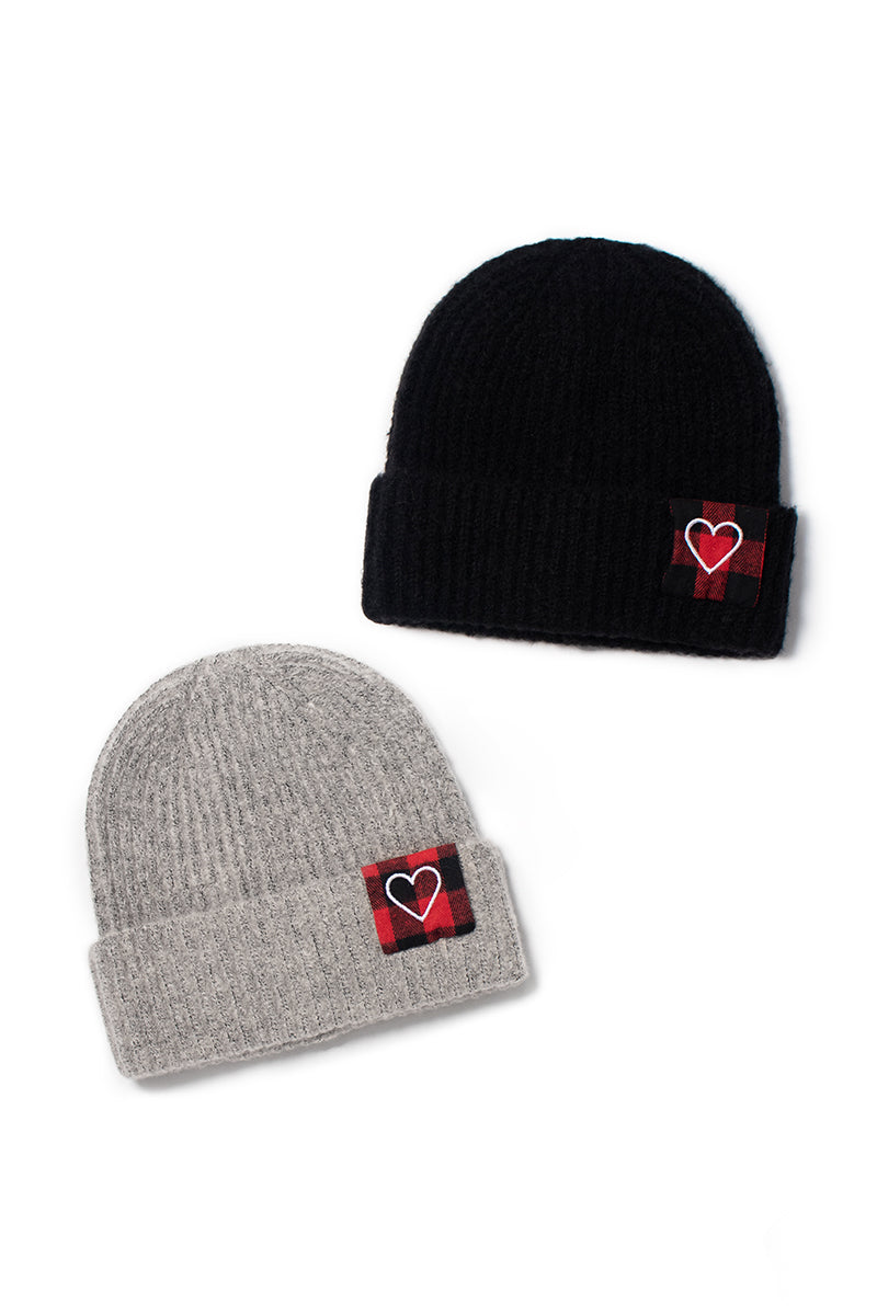 ABB851 - Ribbed knit beanie with plaid heart patch