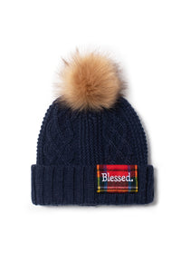 ABB852 - Cable knit beanie with Blessed plaid patch and faux fur pom