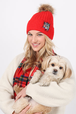 ABB856 - "Dog Mom" Rib Knit Beanie with Faux Fur Pom