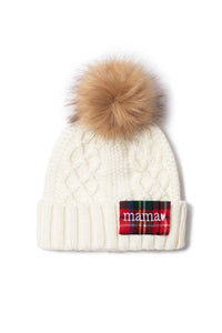 ABB857 - Cable knit beanie with Mama plaid patch and faux fur pom
