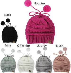 AJRBBT1081 - knit solid beanie ponytail w/faux fur pom & suede tab - David and Young Fashion Accessories