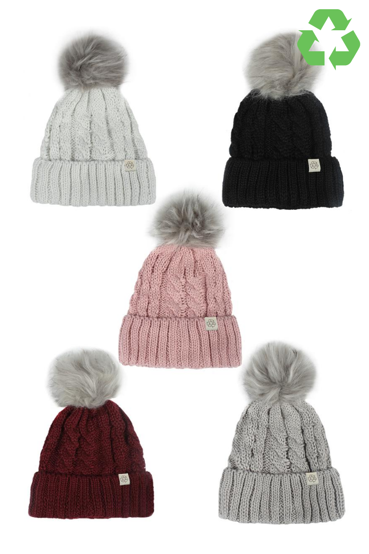 ABB411R - Recycled Polyester Beanie with Lining & Faux Fur Pom