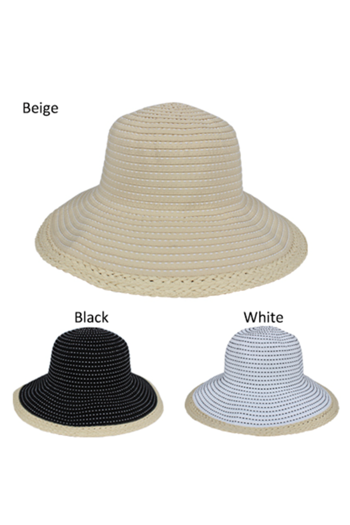 AFP9355 - Pic Stitch Ribbon Hat with Straw Brim Edge - David and Young Fashion Accessories