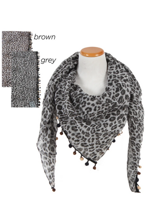 SGSFQ11744 - Leopard Print Scarf with Tonal Pom Poms "50X50" - David and Young Fashion Accessories