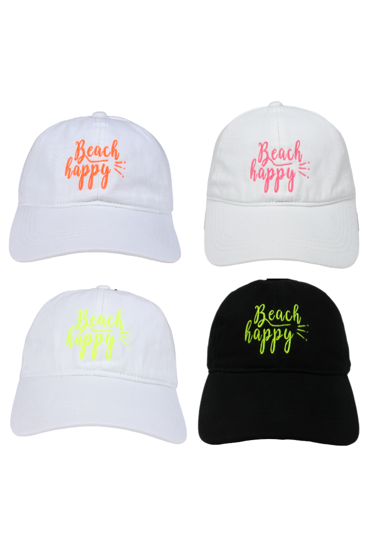 LCAP978 - "Beach Happy" Neon Embroidery Vintage Washed Baseball Cap with - David and Young Fashion Accessories