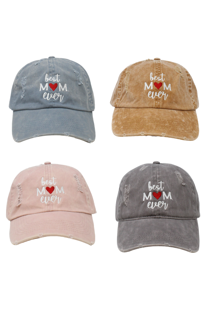 LCAP757- "Best Mom Ever" Embroidery Washed Distressed Baseball Cap - David and Young Fashion Accessories
