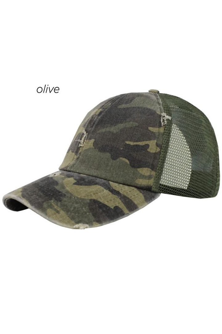 FWCAPM6101 - Washed Camo Distressed Mesh Back Cap - David and Young Fashion Accessories