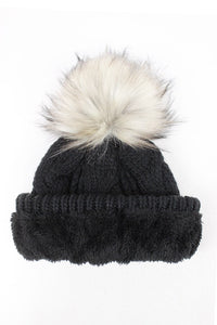 FSBB09061 - Cable Knit Cuffed Beanie with Faux Fur Pom & Lining - David and Young Fashion Accessories