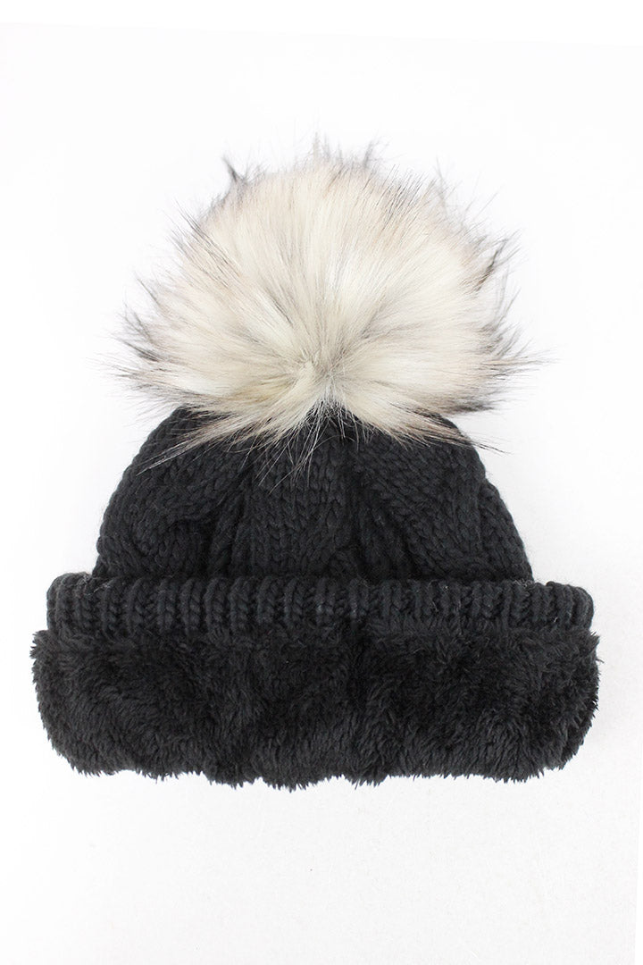 FSBB09061 - Cable Knit Cuffed Beanie with Faux Fur Pom & Lining - David and Young Fashion Accessories