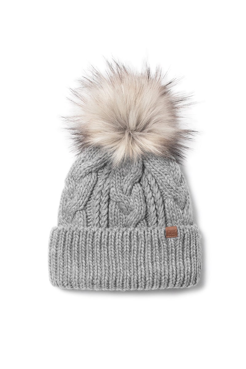 FSBB09061 - Cable Knit Cuffed Beanie with Faux Fur Pom & Lining - David and Young Wholesale