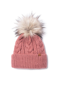 FSBB09061 - Cable Knit Cuffed Beanie with Faux Fur Pom & Lining - David and Young Wholesale