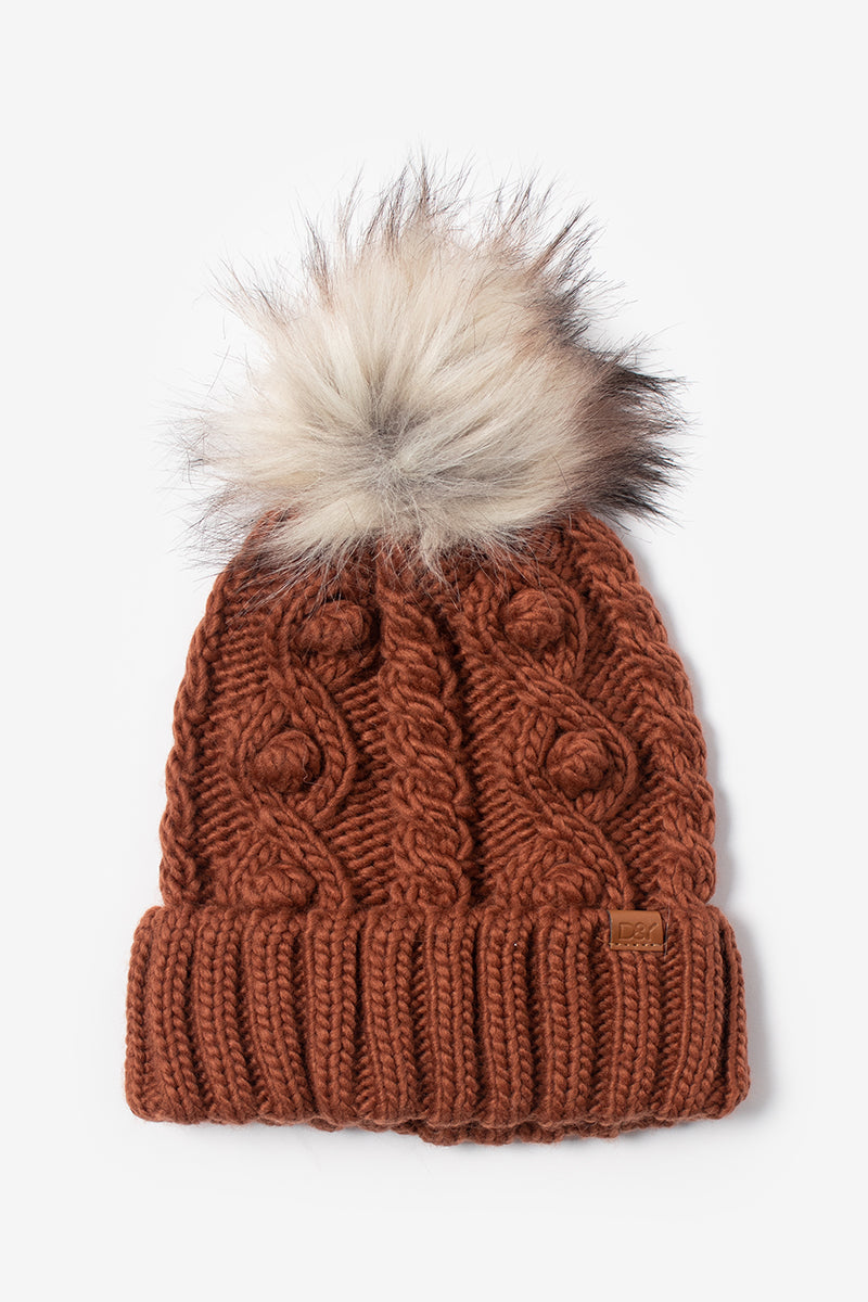 FSBB464 - Popcorn trim knit beanie with faux fur pom