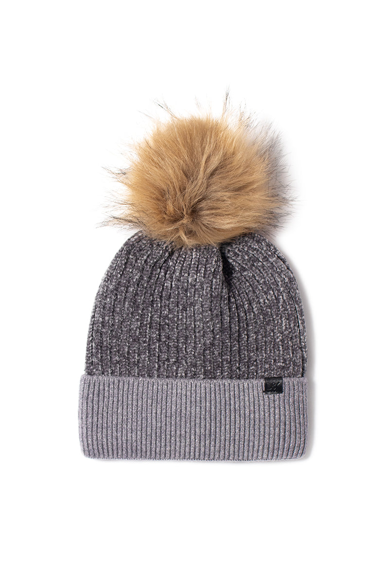FSBB466 - Chenille Ribbed beanie with faux fur pom