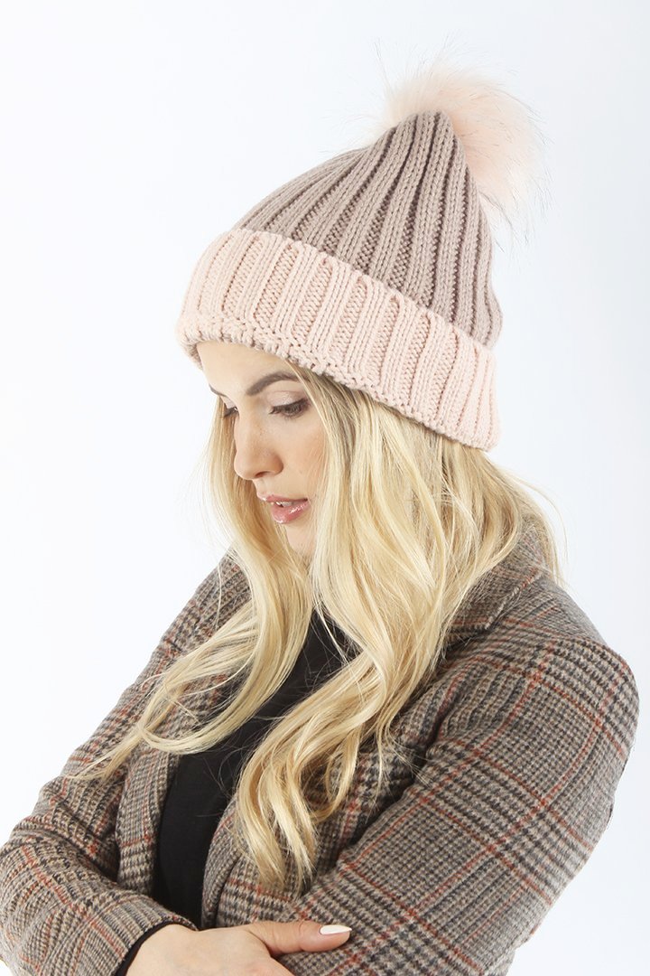 FSBB5085 - Rib Knit Beanie With Cuff With Faux Fur Pom - David and Young Wholesale
