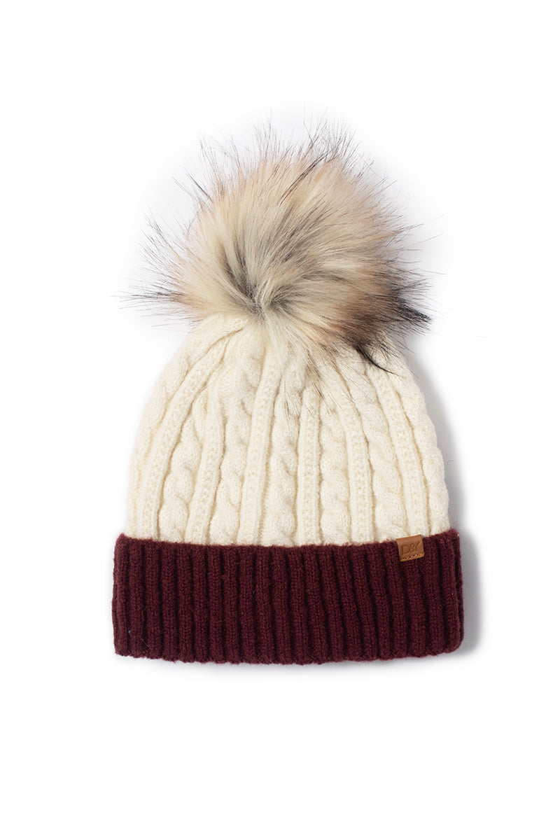 FSBB836 - Cable knit contrast cuff beanie with faux fur pom