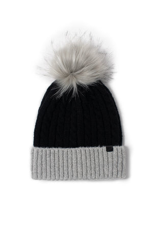 FSBB836 - Cable knit contrast cuff beanie with faux fur pom